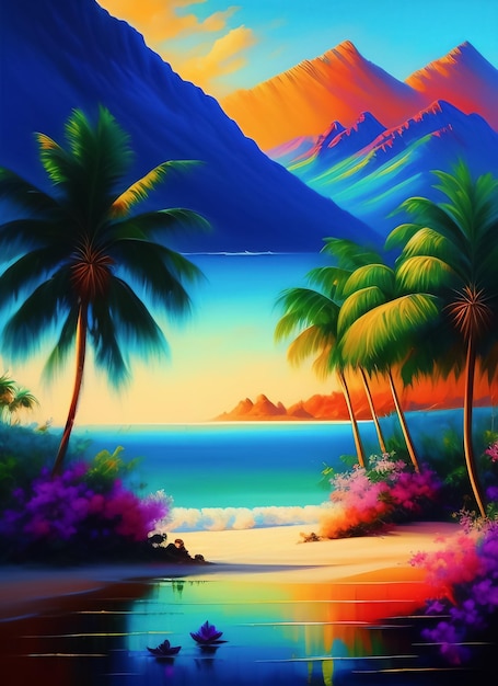 Un dipinto di una spiaggia con palme e montagne sullo sfondo