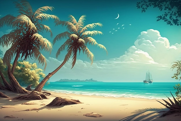 Un dipinto di una spiaggia con palme e una nave sullo sfondo.
