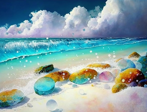 Un dipinto di una spiaggia con pietre e un cielo blu con nuvole