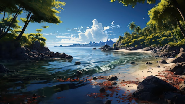 Un dipinto di una spiaggia con rocce e alberi sullo sfondo.