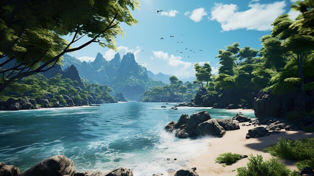 un dipinto di una spiaggia con rocce e alberi sullo sfondo