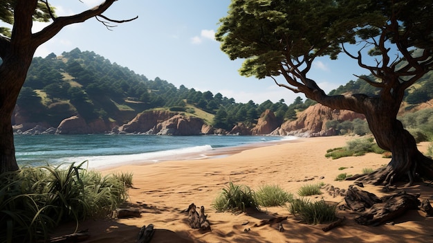 un dipinto di una spiaggia con un albero a destra