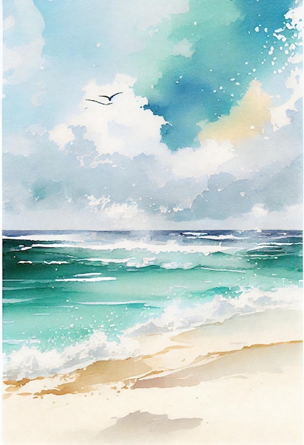 Un dipinto di una spiaggia con un gabbiano che vola sopra di essa.