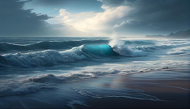 Un dipinto di una spiaggia con un'onda che si infrange su di essa
