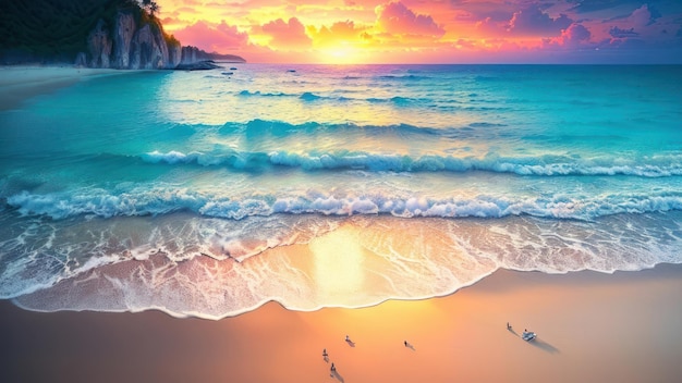 Un dipinto di una spiaggia con un tramonto e il mare sullo sfondo.