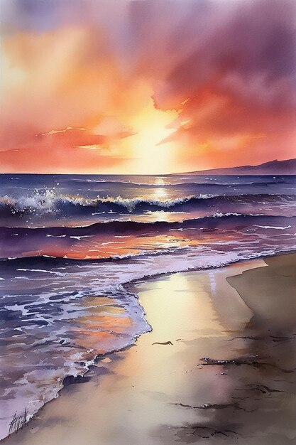Un dipinto di una spiaggia con un tramonto sullo sfondo