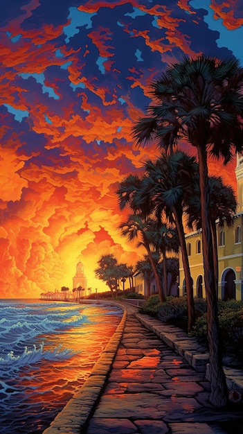 Un dipinto di una spiaggia con un tramonto sullo sfondo.