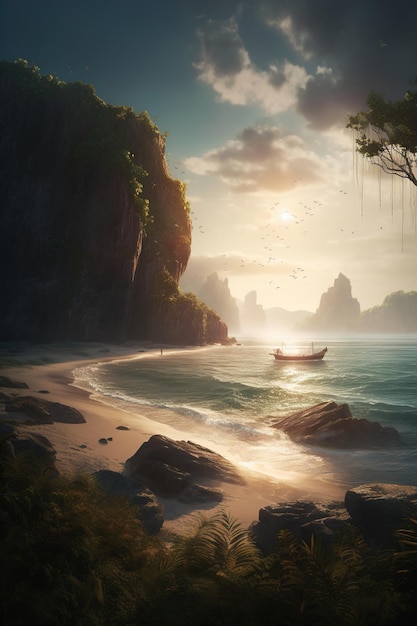 Un dipinto di una spiaggia con una barca in primo piano e una scogliera sullo sfondo
