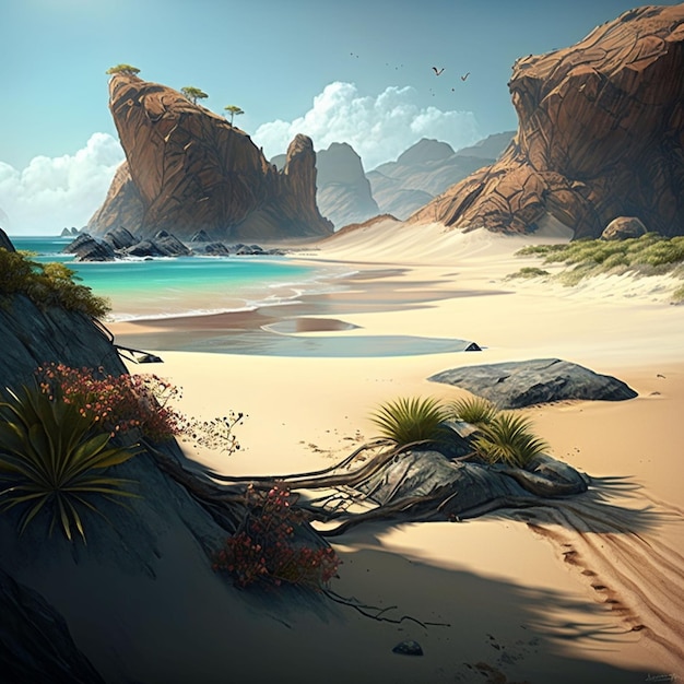 Un dipinto di una spiaggia con una montagna sullo sfondo