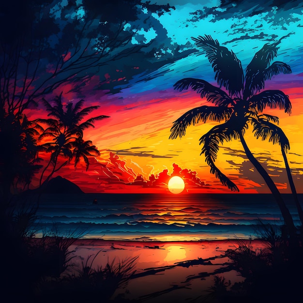 Un dipinto di una spiaggia con una palma e il sole splende all'orizzonte.