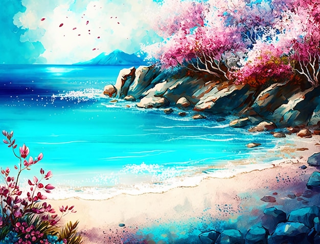 Un dipinto di una spiaggia con una spiaggia e un albero rosa con un cielo blu e l'oceano sullo sfondo.