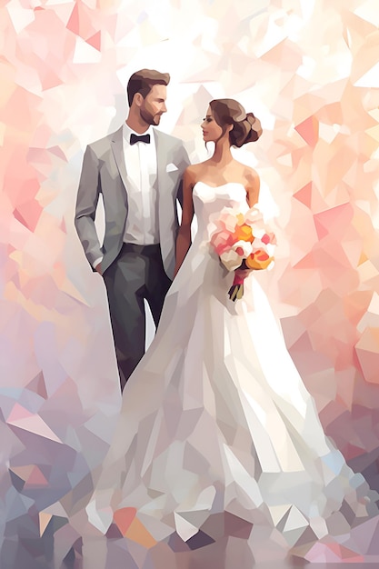Un dipinto di una sposa e uno sposo
