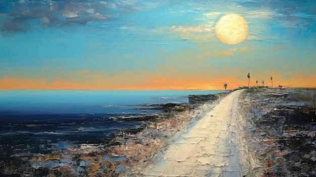 Un dipinto di una strada che porta al mare con la luna sullo sfondo.