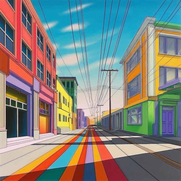 un dipinto di una strada cittadina colorata con un edificio color arcobaleno.