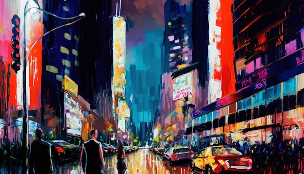 Un dipinto di una strada cittadina con un cartellone pubblicitario per Times Square.