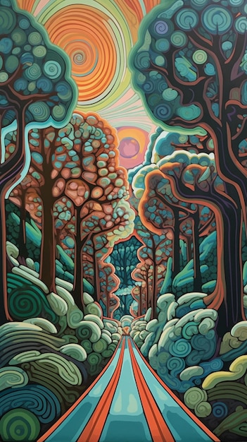 un dipinto di una strada con alberi e un cielo sullo sfondo ai generativa