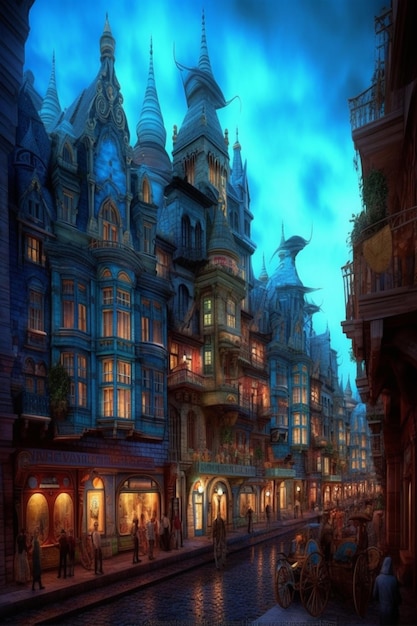 Un dipinto di una strada con sopra un edificio che dice "la città della fantasia"