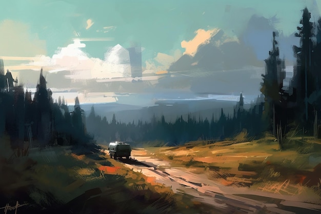 Un dipinto di una strada con un'auto che attraversa la foresta.