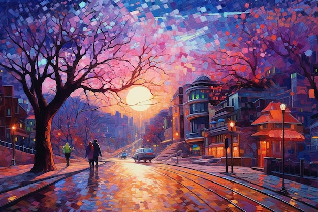 Un dipinto di una strada con un tramonto sullo sfondo