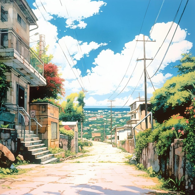 Un dipinto di una strada con una città sullo sfondo