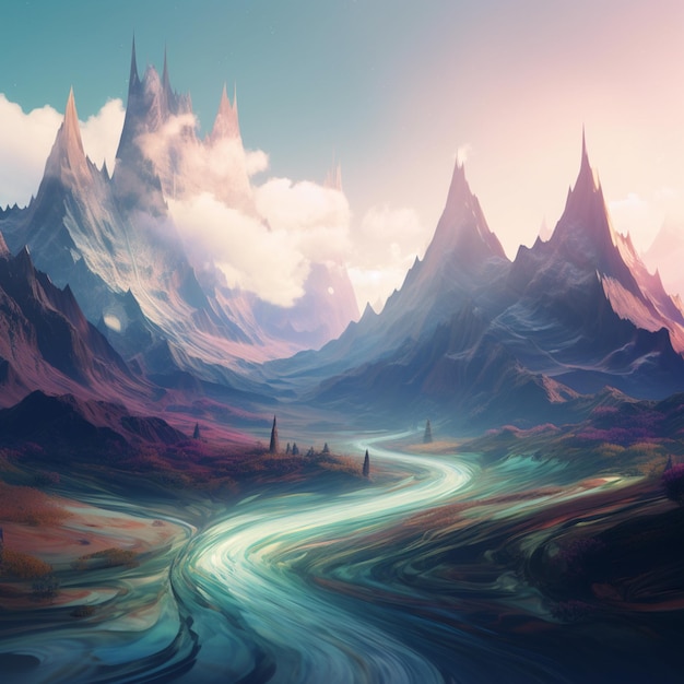 Un dipinto di una strada di montagna con un cielo blu e nuvole.