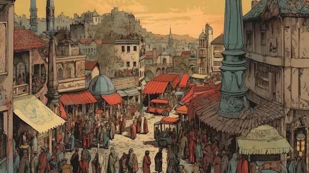 Un dipinto di una strada trafficata con una scena di strada e un cartello che dice "la città di Gerusalemme"