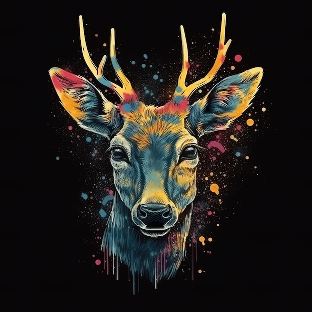 Un dipinto di una testa di cervo con schizzi di vernice su di esso immagine generativa ai