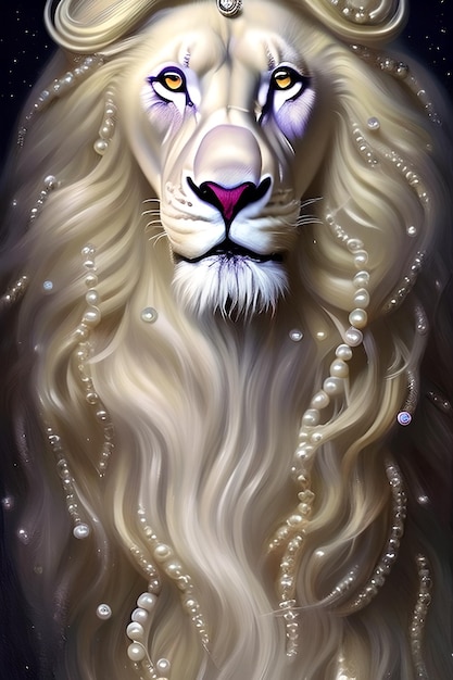 Un dipinto di una testa di leone con perline e perline.