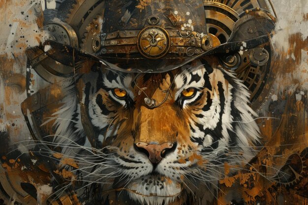 Un dipinto di una tigre che indossa un casco illustrazione surreale con elementi steampunk e wild west