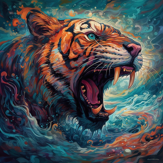 Un dipinto di una tigre con gli occhi azzurri e un occhio azzurro.