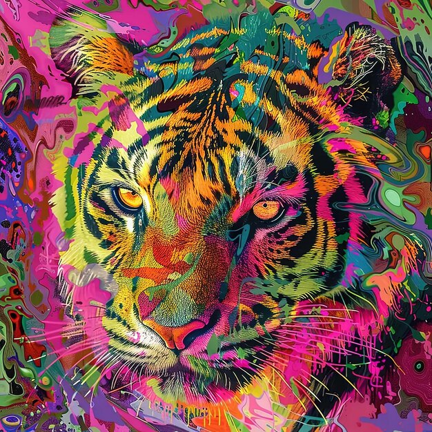 Un dipinto di una tigre su uno sfondo colorato