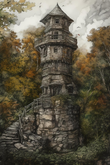 Un dipinto di una torre di pietra con sopra un uccello.