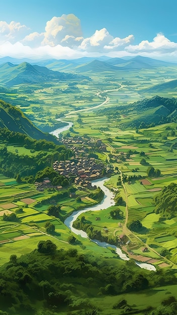 Un dipinto di una valle attraversata da un fiume.