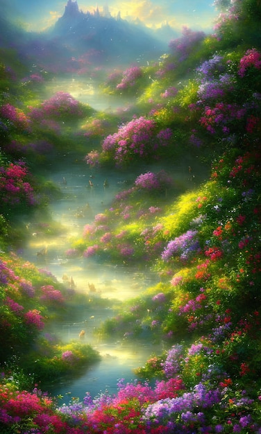 Un dipinto di una valle con fiori e un ponte sullo sfondo ha generato arte