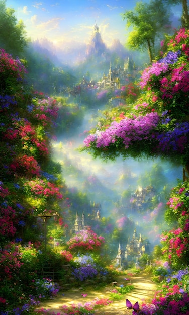 Un dipinto di una valle con fiori e un ponte sullo sfondo ha generato arte