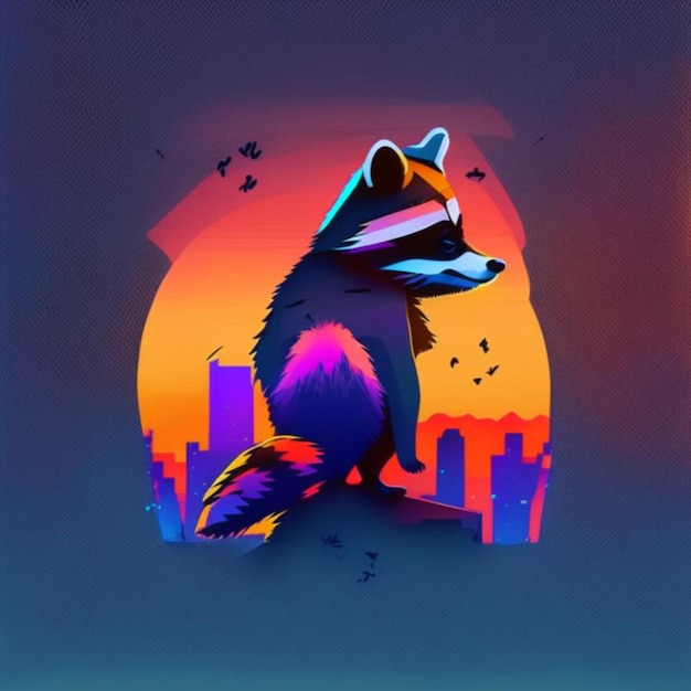 un dipinto di una volpe con un tramonto sullo sfondo