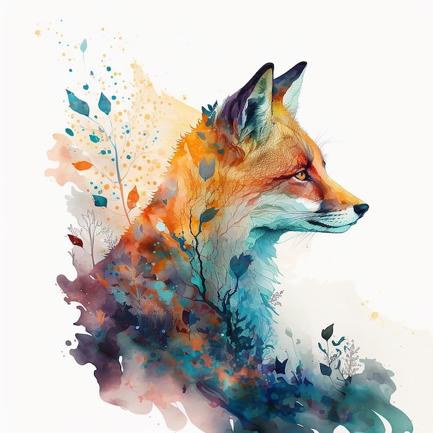 Un dipinto di una volpe con uno sfondo colorato.