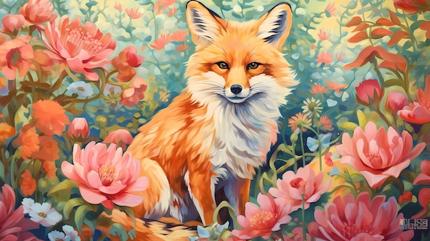 Un dipinto di una volpe in un campo di fiori.
