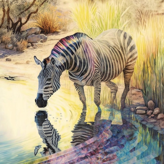 Un dipinto di una zebra che beve acqua da un ruscello