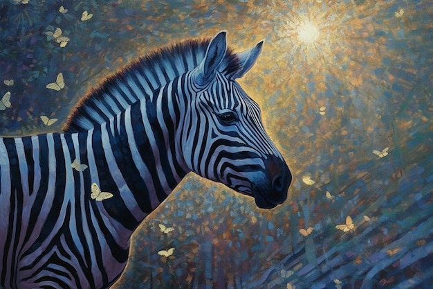 Un dipinto di una zebra con la parola "sopra"