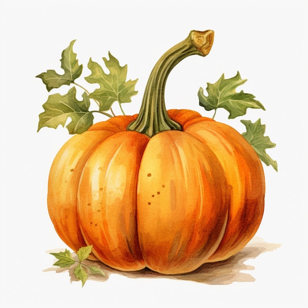 Un dipinto di una zucca con delle foglie sopra