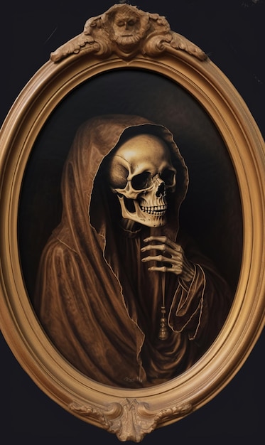 Un dipinto di uno scheletro con un cappuccio nero e un teschio sopra