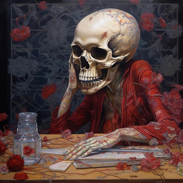Un dipinto di uno scheletro con un vestito rosso seduto al tavolo