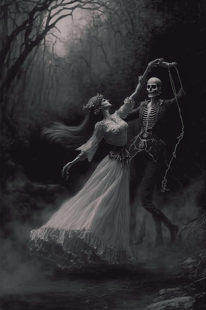 Un dipinto di uno scheletro e una donna che balla nel bosco.