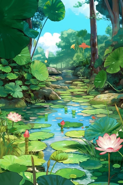 Un dipinto di uno stagno con fiori di loto