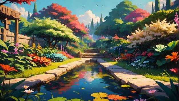 Un dipinto di uno stagno con un ponte e alberi sullo sfondo