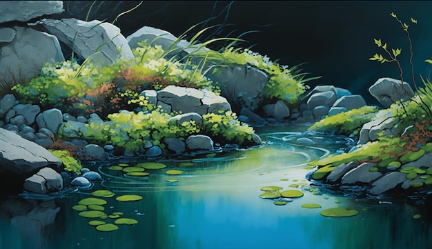 Un dipinto di uno stagno con una rana verde sul fondo.