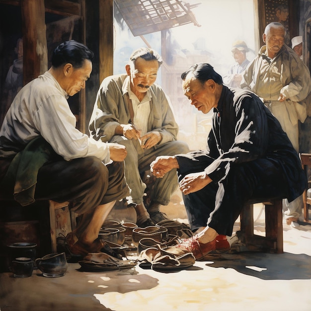 un dipinto di uomini che giocano a carte con un uomo seduto di fronte a lui.