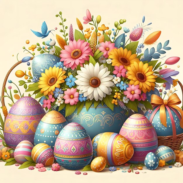 un dipinto di uova di Pasqua con un cesto di fiori e un'immagine di un cesto d'uova