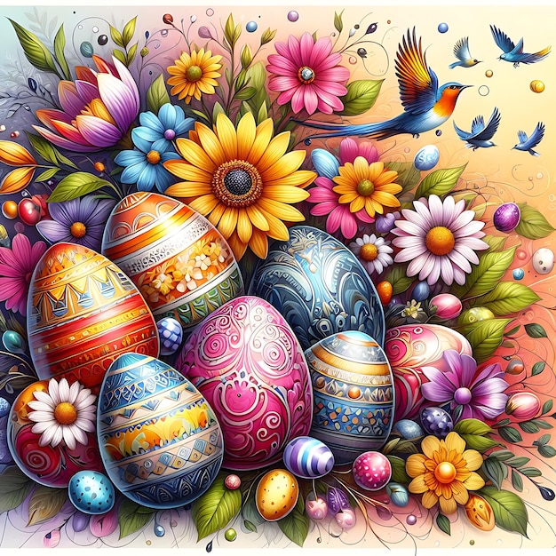 un dipinto di uova di Pasqua con un uccello che vola sullo sfondo